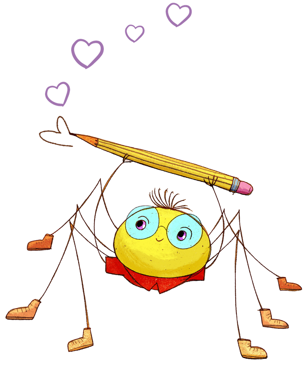Spider is holding a pencil and is drawing hearts